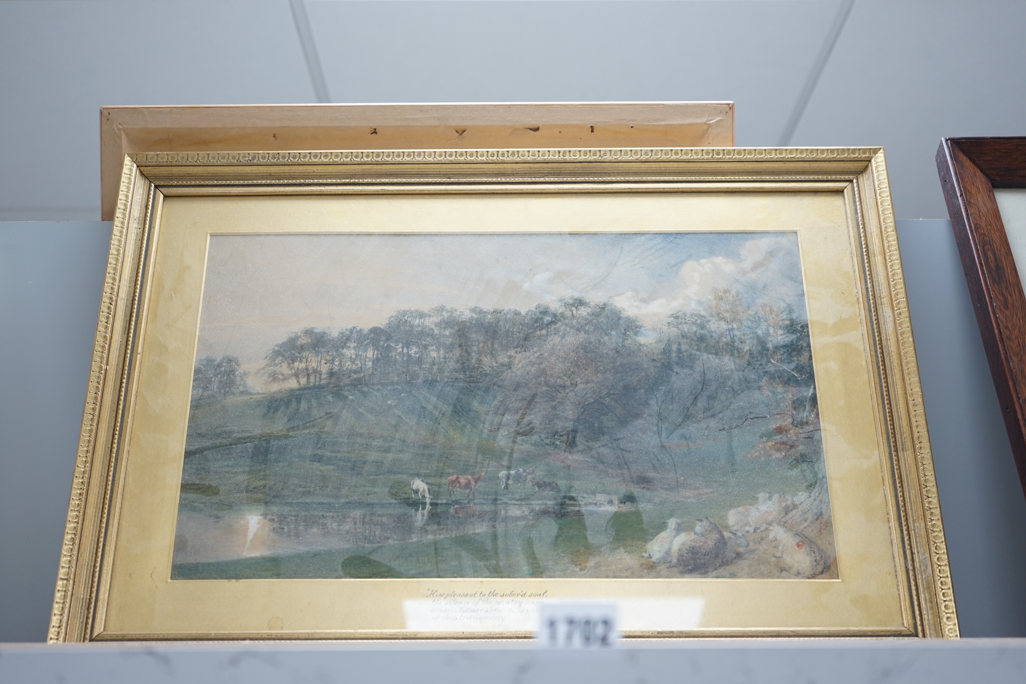 W. Parrott, watercolour, Sheep and cattle beside a lake, inscribed in ink verso, 26 x 43cm, gilt framed. Condition - fair